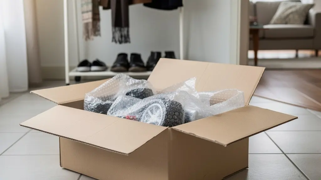 Carton de livraison ouvert avec pièces auto emballées dans entrée de maison