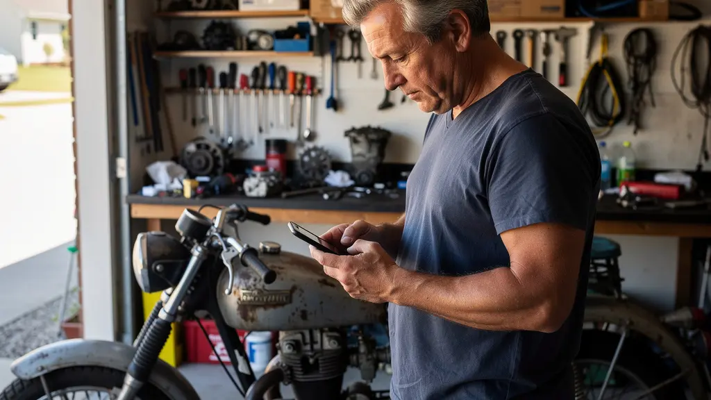 Passionné auto-moto consultant son téléphone devant sa moto dans un garage personnel