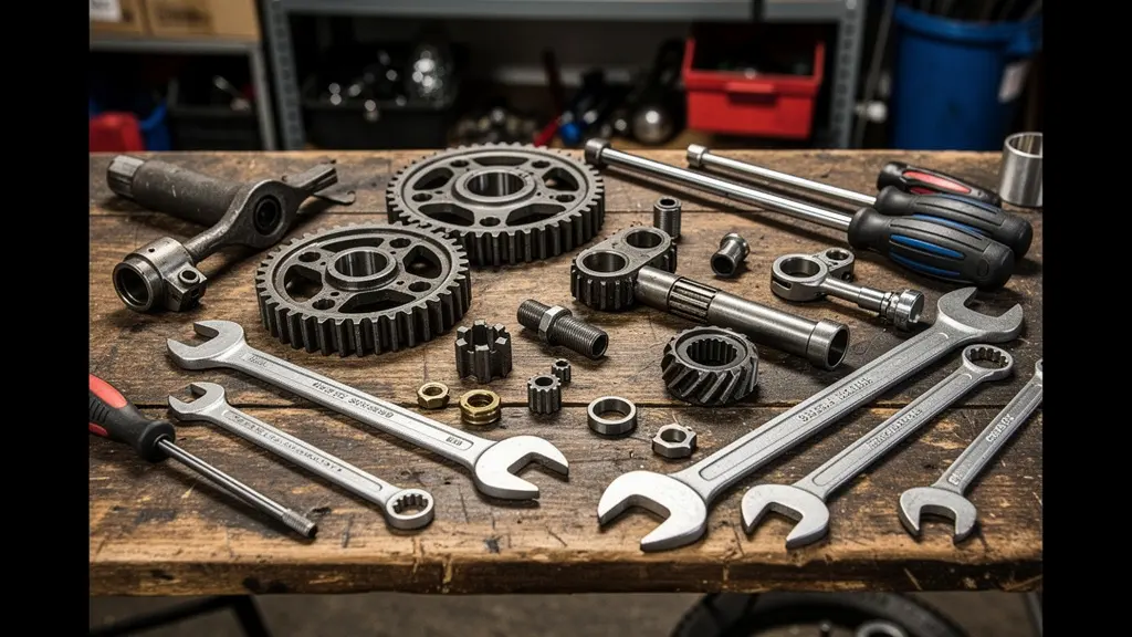 Pièces détachées moto disposées sur établi de garage avec outils mécaniques