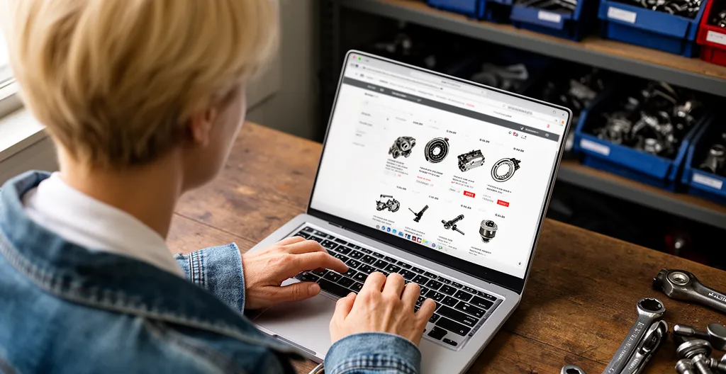 Personne consultant catalogue de pièces auto sur ordinateur portable