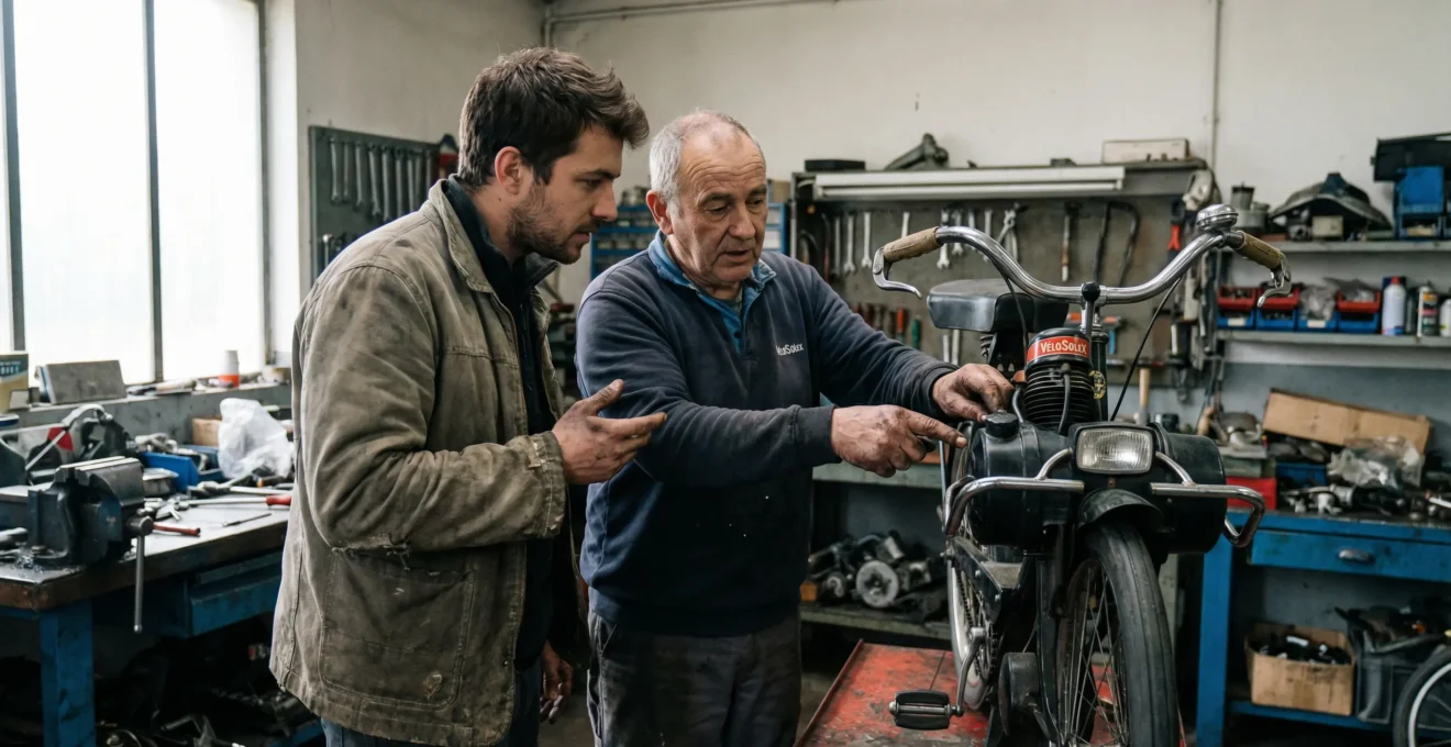 Technicien et passionné inspectant un moteur Solex dans un atelier