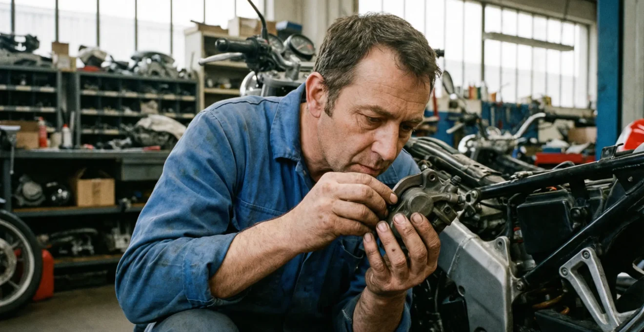 Mécanicien moto inspectant une pièce de freinage dans son atelier professionnel