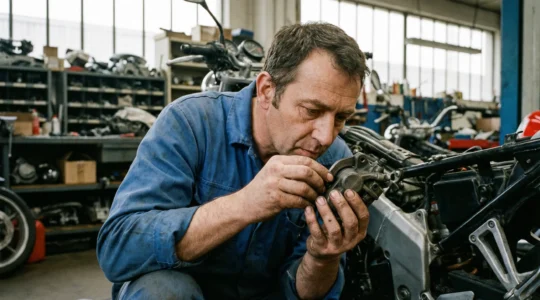 Mécanicien moto inspectant une pièce de freinage dans son atelier professionnel
