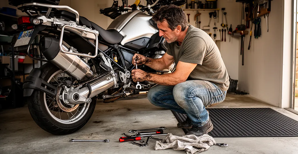 Motard inspectant la chaîne de sa moto dans son garage personnel