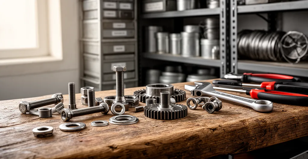 Pièces mécaniques Solex posées sur un établi avant montage