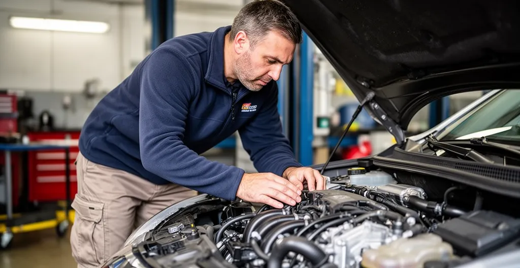 Technicien automobile inspectant moteur capot ouvert dans atelier mécanique