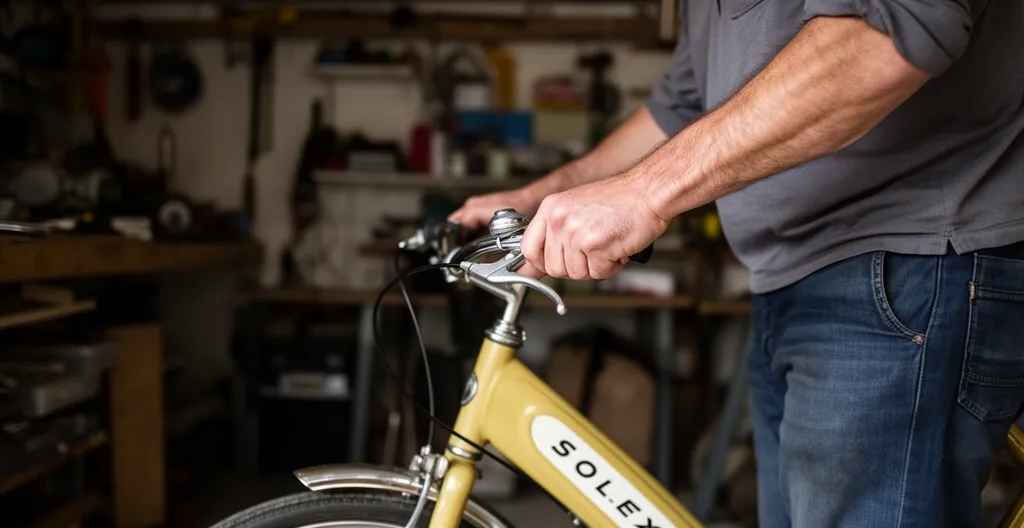 Passionné inspectant un Solex sur béquille avant commande de pièces